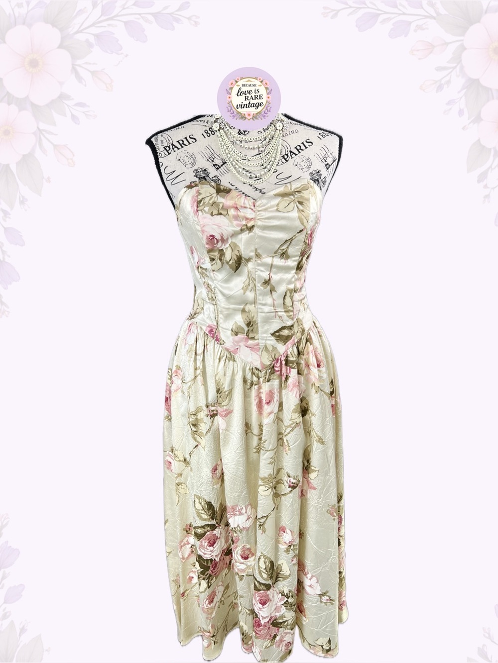 Vintage All That Jazz Floral Corset Dress • 90s Satin Fit Flare Midi Dress • USA